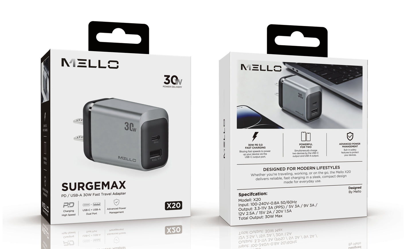 Mello SurgeMax X20 30W Dual-Port Wall Charger – USB-C + USB-A, Slim
