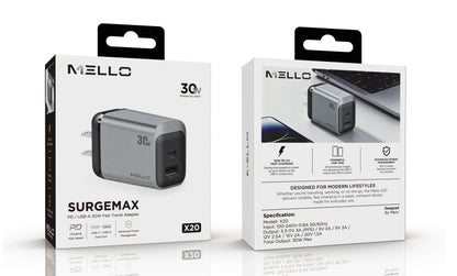Mello SurgeMax X20 30W Dual-Port Wall Charger – USB-C + USB-A, Slim