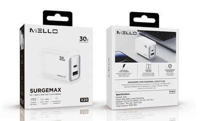 Mello SurgeMax X20 30W Dual-Port Wall Charger – USB-C + USB-A, Slim