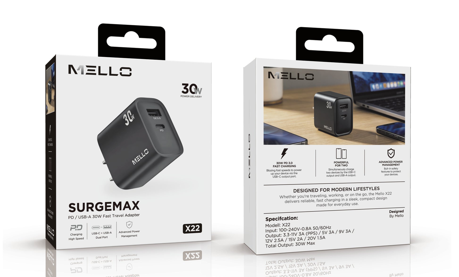 Mello SurgeMax X22 30W Dual-Port Wall Charger – USB-C + USB-A