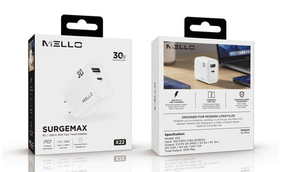 Mello SurgeMax X22 30W Dual-Port Wall Charger – USB-C + USB-A