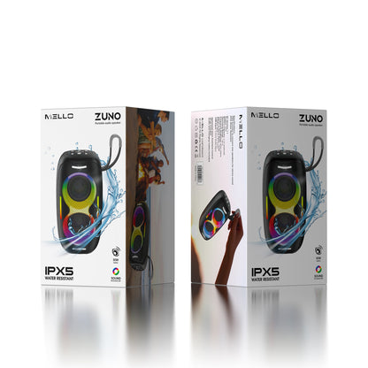 Retail packaging for the Mello Zuno IPX5 portable Bluetooth speaker