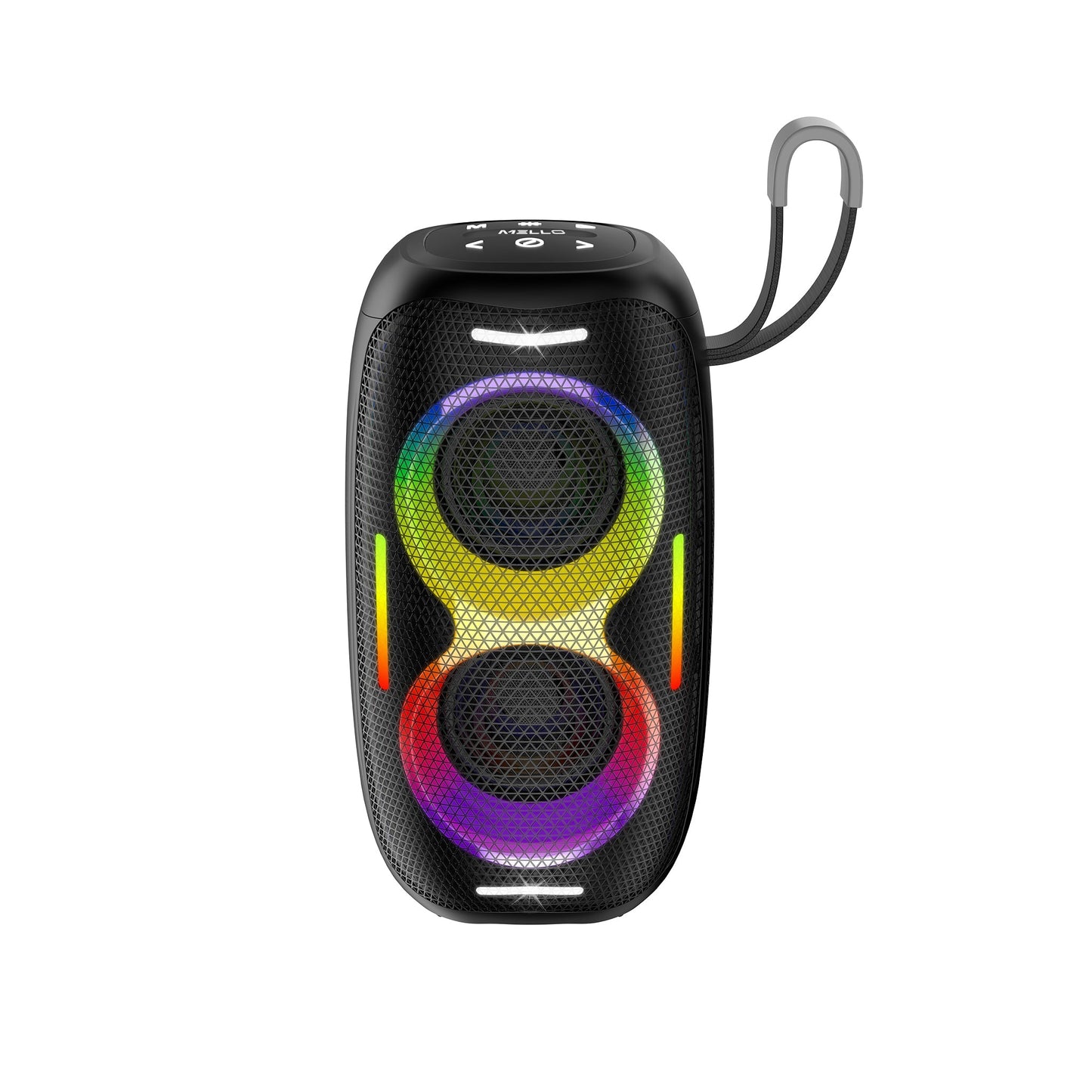 Black Mello Zuno Bluetooth speaker with two RGB-lit drivers and carry lanyard