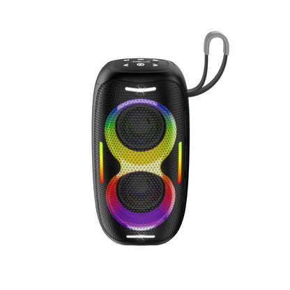 Black Mello Zuno Bluetooth speaker with two RGB-lit drivers and carry lanyard