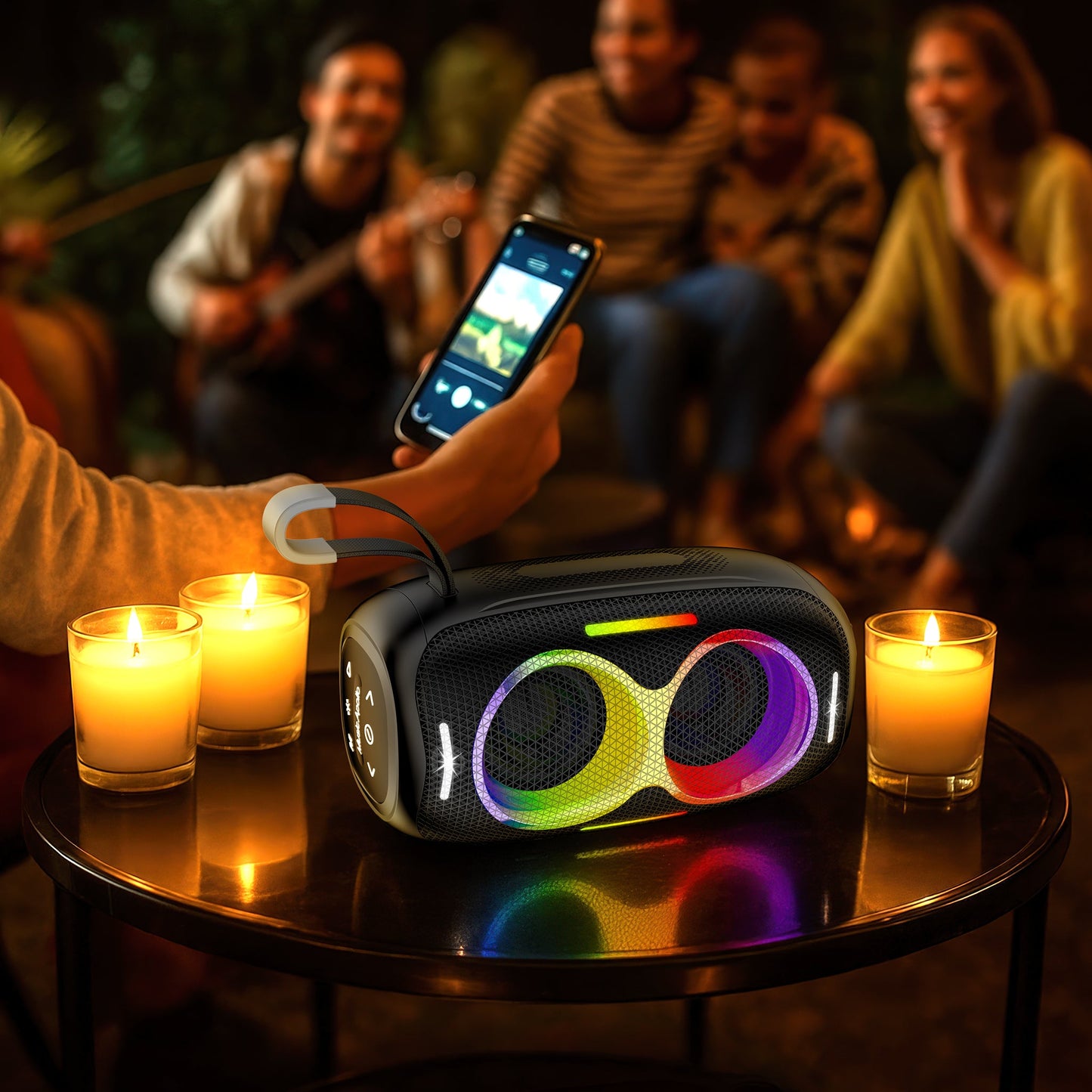 Mello Zuno speaker with rainbow RGB drivers glowing on a table between candles at an evening gathering