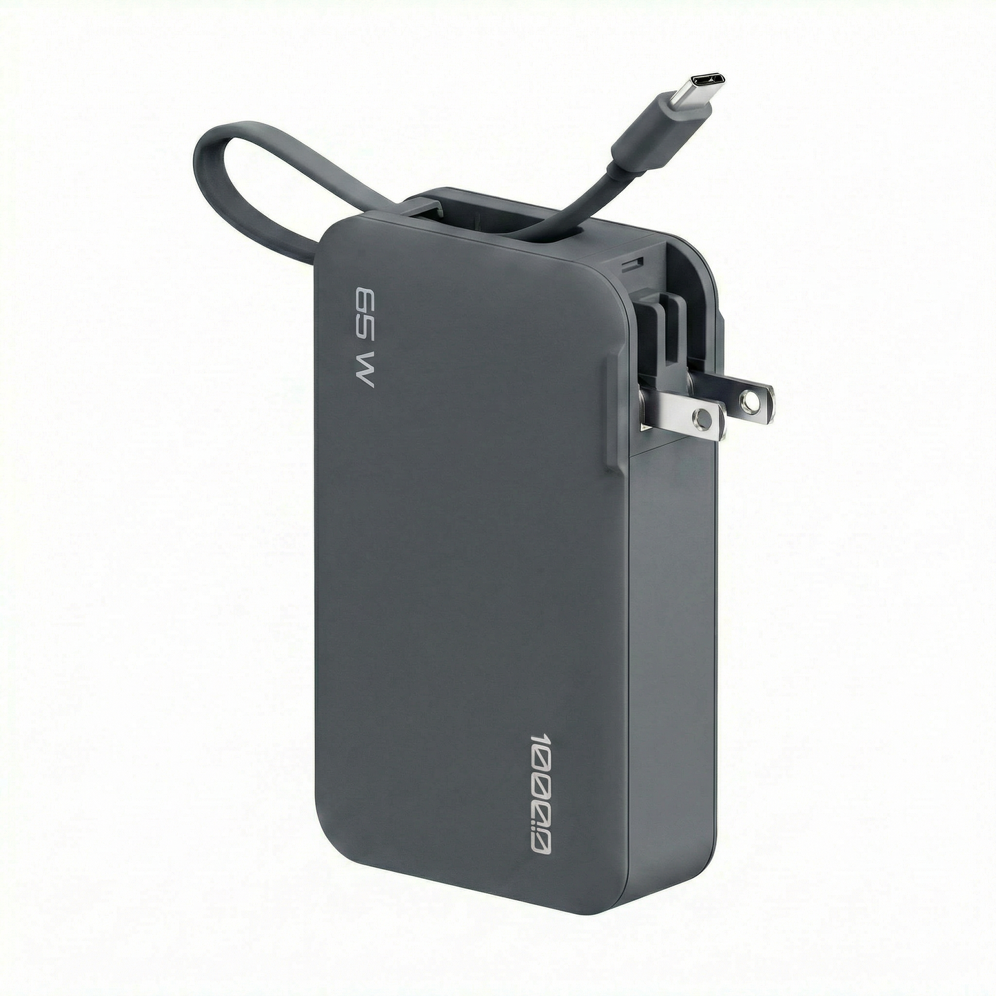 ReelCharge Flex 65W 10,000 mAh power bank in gray with integrated USB-C cable and folding wall prongs