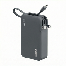 ReelCharge Flex 65W 10,000 mAh power bank in gray with integrated USB-C cable and folding wall prongs