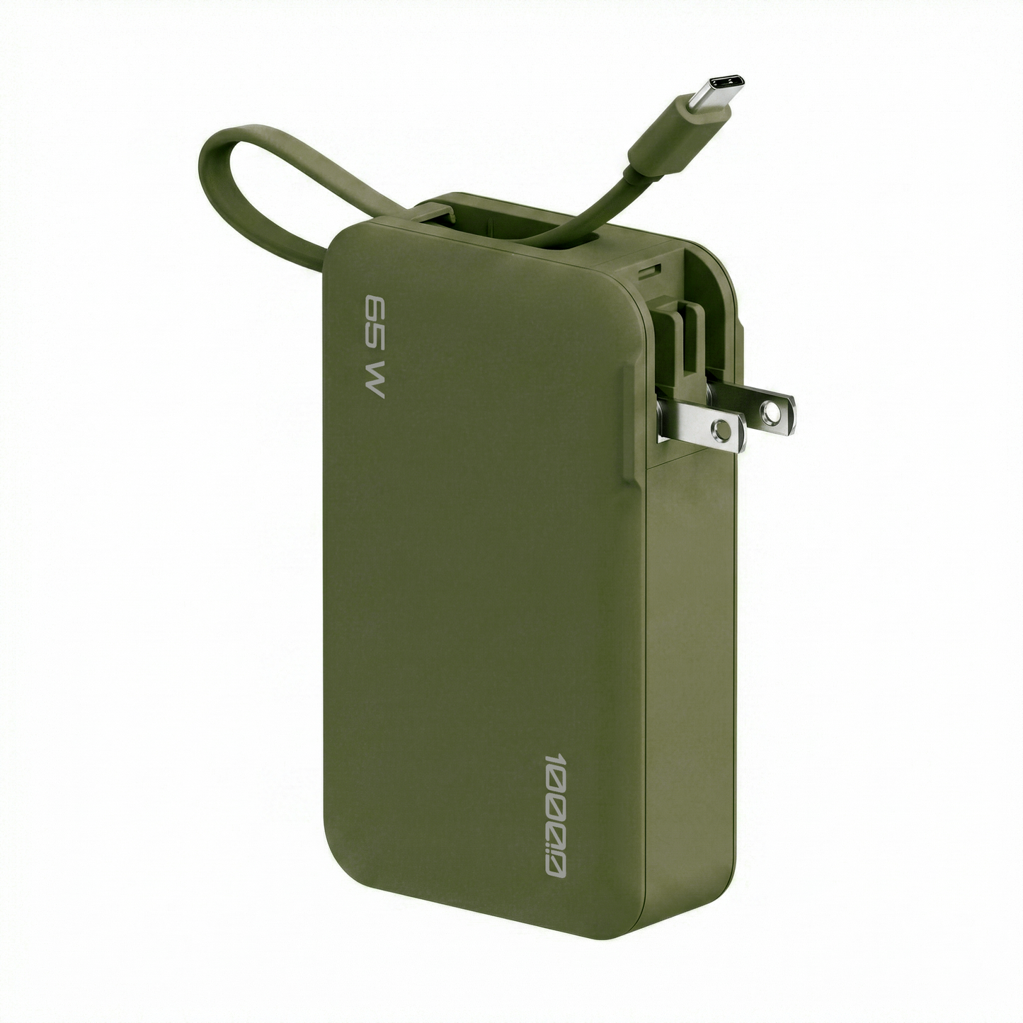 ReelCharge Flex 65W power bank in Green (olive) with wristlet cable and folding prongs