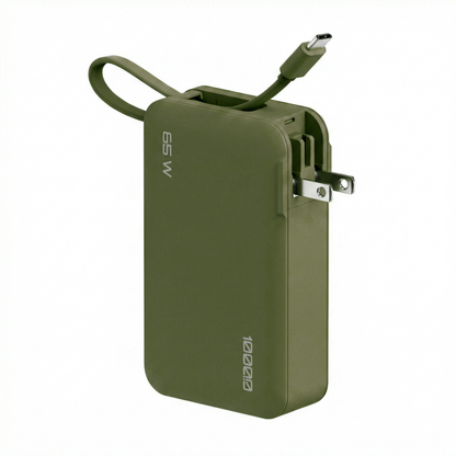 ReelCharge Flex 65W power bank in Green (olive) with wristlet cable and folding prongs