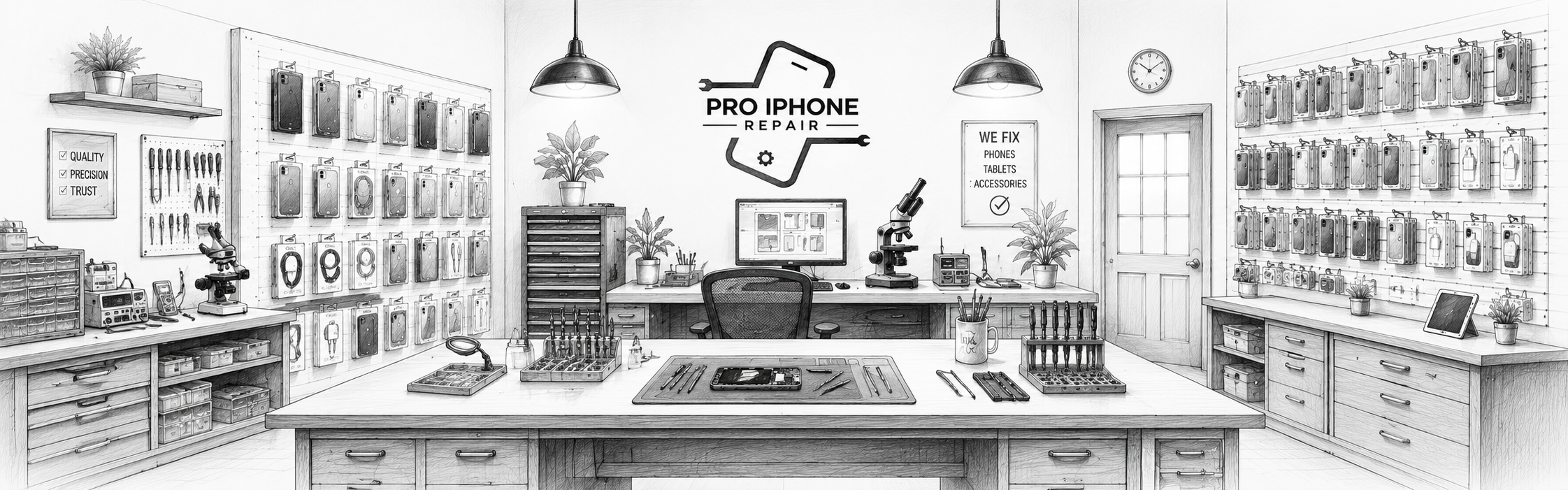 Illustrated Pro iPhone Repair shop interior with logo, workbench, and parts displays, about page header