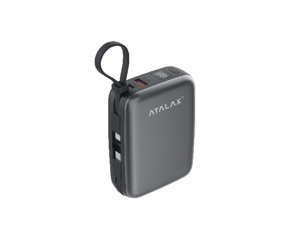Atalax Core 20,000 mAh Power Bank – Built-In USB-C & Lightning Cables, 30W, Gray – angled view with built-in cables coiled