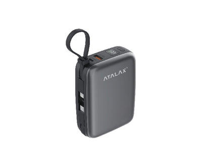 Atalax Core 20,000 mAh Power Bank – Built-In USB-C & Lightning Cables, 30W, Gray – angled view with built-in cables coiled