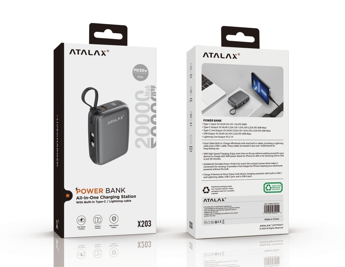 Atalax Core 20,000 mAh Power Bank – Built-In USB-C & Lightning Cables, 30W, Gray – front and back of retail packaging
