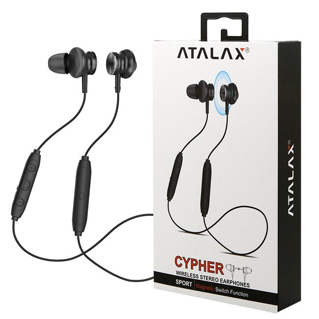 Atalax Cypher black magnetic sport Bluetooth earbuds with in-line remote and retail box