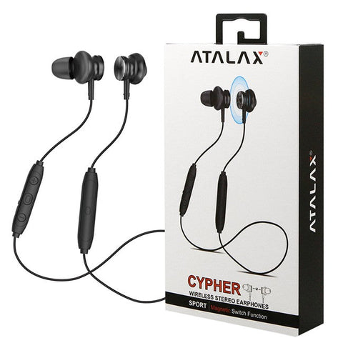 Atalax Cypher black magnetic sport Bluetooth earbuds with in-line remote and retail box