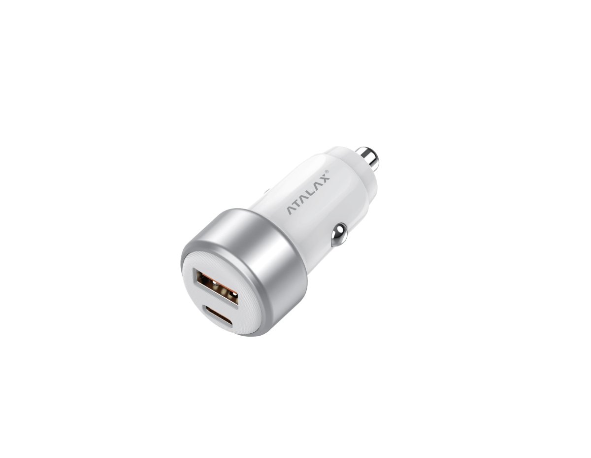 Atalax SurgeMax C10 65W Car Charger – USB-C + USB-A, White – car charger on white background
