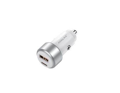 Atalax SurgeMax C10 65W Car Charger – USB-C + USB-A, White – car charger on white background