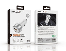 Atalax SurgeMax C10 65W Car Charger – USB-C + USB-A, White – retail box front and back