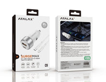 Atalax SurgeMax C9 65W Car Charger with 3ft Lightning Cable, White – retail box front and back