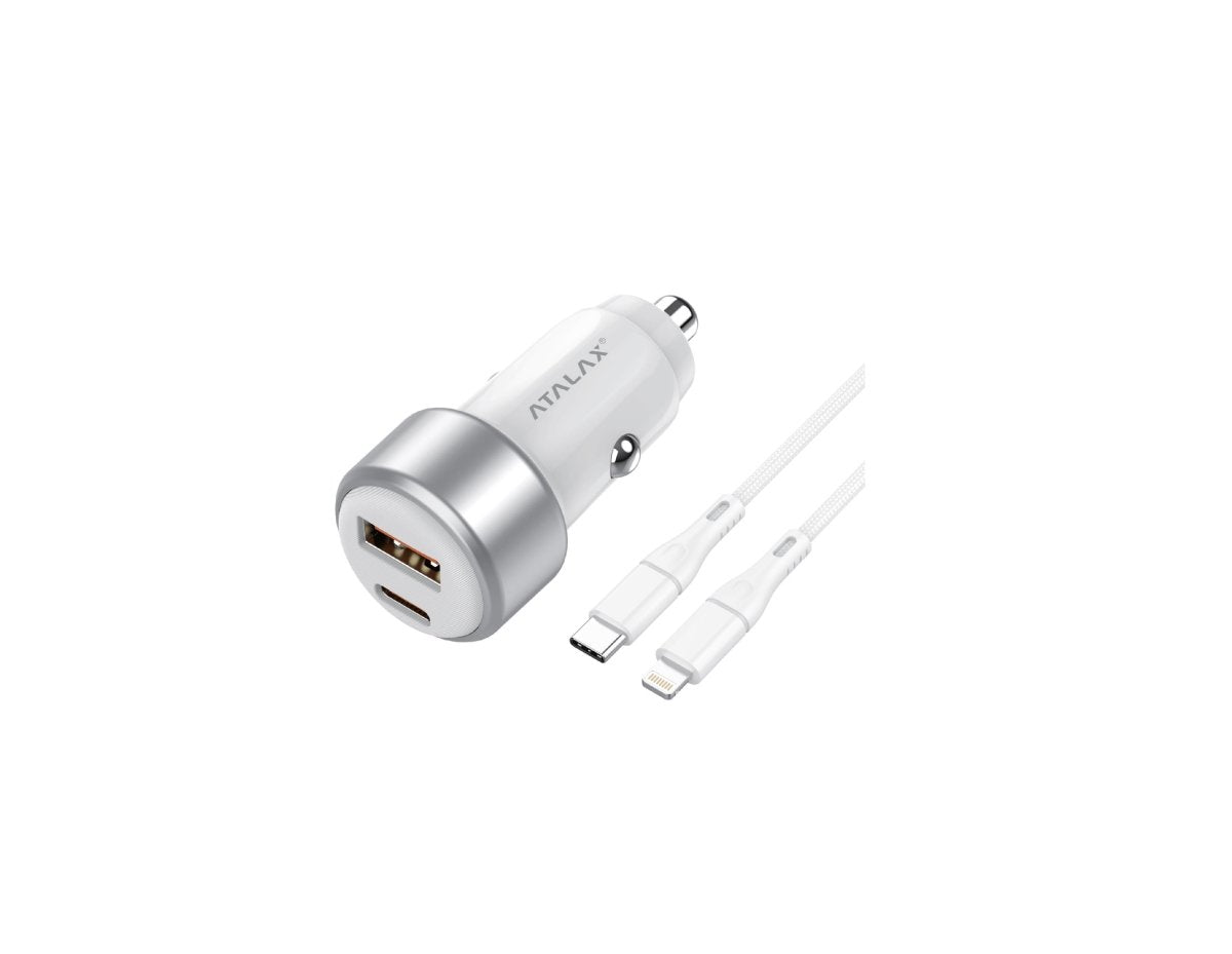 Atalax SurgeMax C9 65W Car Charger with 3ft Lightning Cable, White – car charger and cable on white background