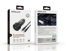 Atalax SurgeMax C9 65W Car Charger with 3ft USB-C Cable, Black – retail box front and back