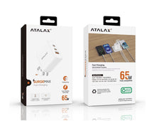Atalax SurgeMax X12 65W 3-Port Wall Charger – Dual USB-C + USB-A, White – retail box front and back