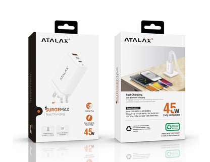 Atalax SurgeMax X13 45W 3-Port Wall Charger – Dual USB-C + USB-A, White – retail box front and back
