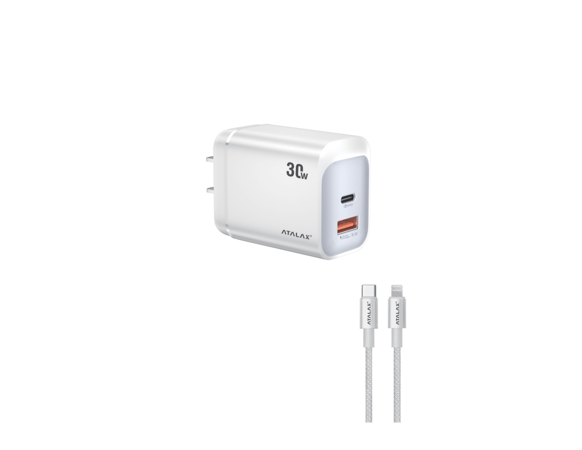 Atalax SurgeMax X14 30W Wall Charger with 4ft Lightning Cable, White – charger and cable on white background