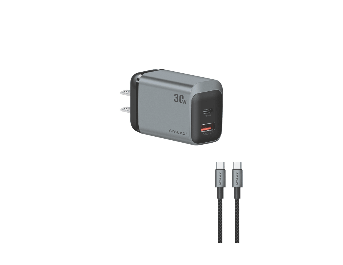 Atalax SurgeMax X14 30W Wall Charger with 4ft USB-C Cable, Black – charger and cable on white background