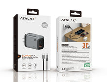 Atalax SurgeMax X14 30W Wall Charger with 4ft USB-C Cable, Black – retail box front and back