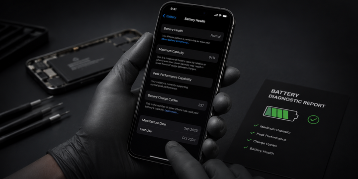 Technician reviewing iPhone battery health settings alongside a battery diagnostic report