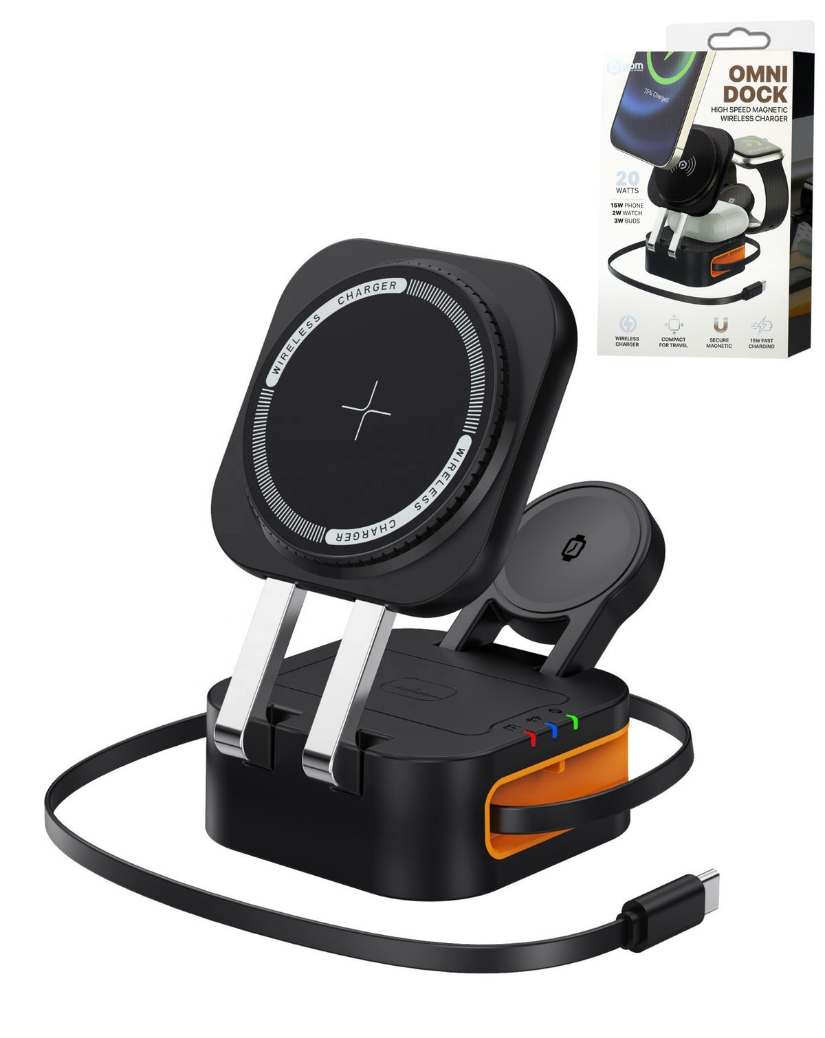 POM Omni Dock 4-in-1 foldable magnetic wireless charger in black, unfolded with retractable USB-C cable, next to its retail box