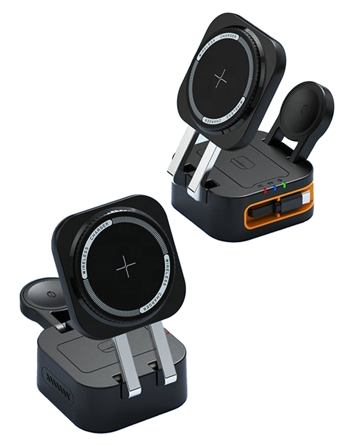 POM Omni Dock from two angles showing the magnetic phone pad and the fold-out Apple Watch charger