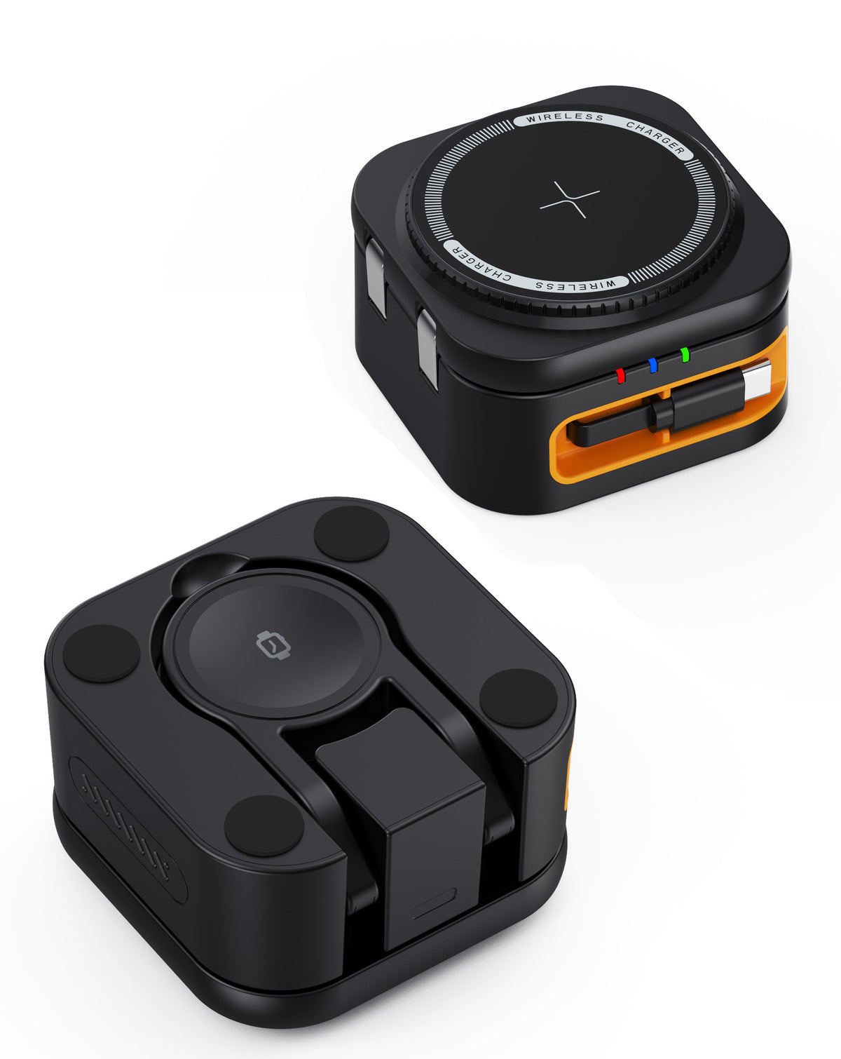 POM Omni Dock closed, shown from the top and the bottom with its non-slip feet