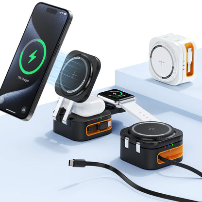 POM Omni Dock charging an iPhone, Apple Watch and AirPods together, with a white version beside it