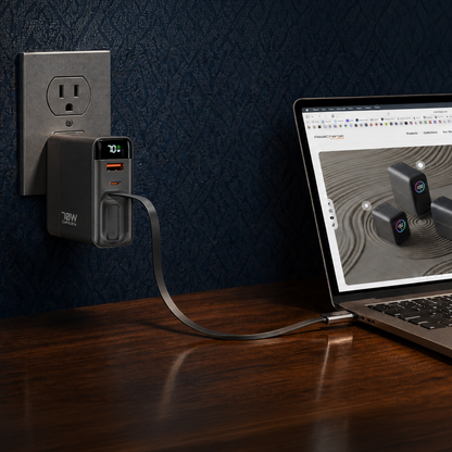 Black ReelCharge 70W wall charger plugged into a wall outlet charging a laptop on a wooden desk