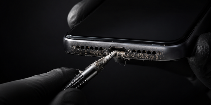 Technician deep cleaning a dusty iPhone charging port with a precision brush