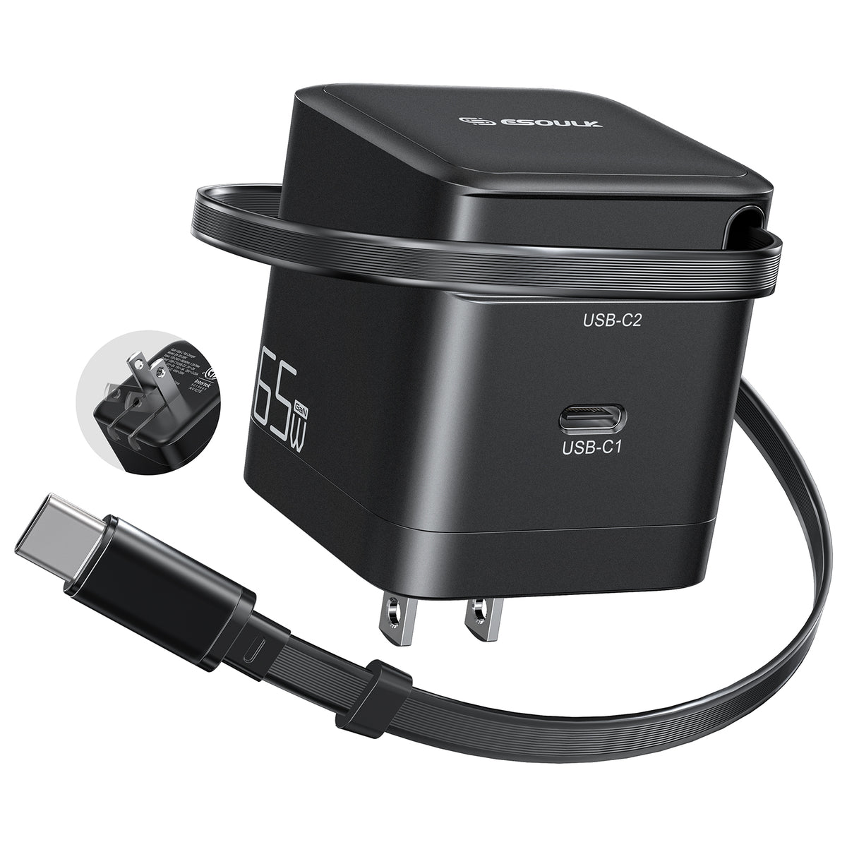 ESOULK 65W GaN wall charger with built-in retractable USB-C cable pulled out, folding plug shown