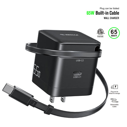 ESOULK 65W wall charger, retractable cable and second USB-C port, with ETL mark