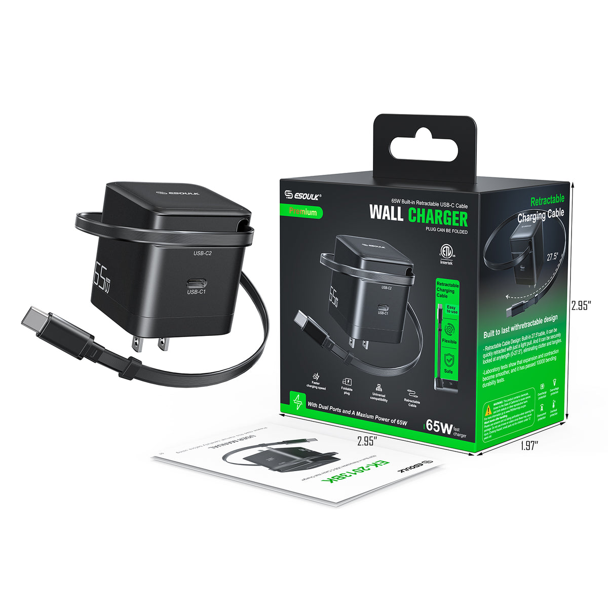 ESOULK 65W retractable-cable wall charger with its retail box