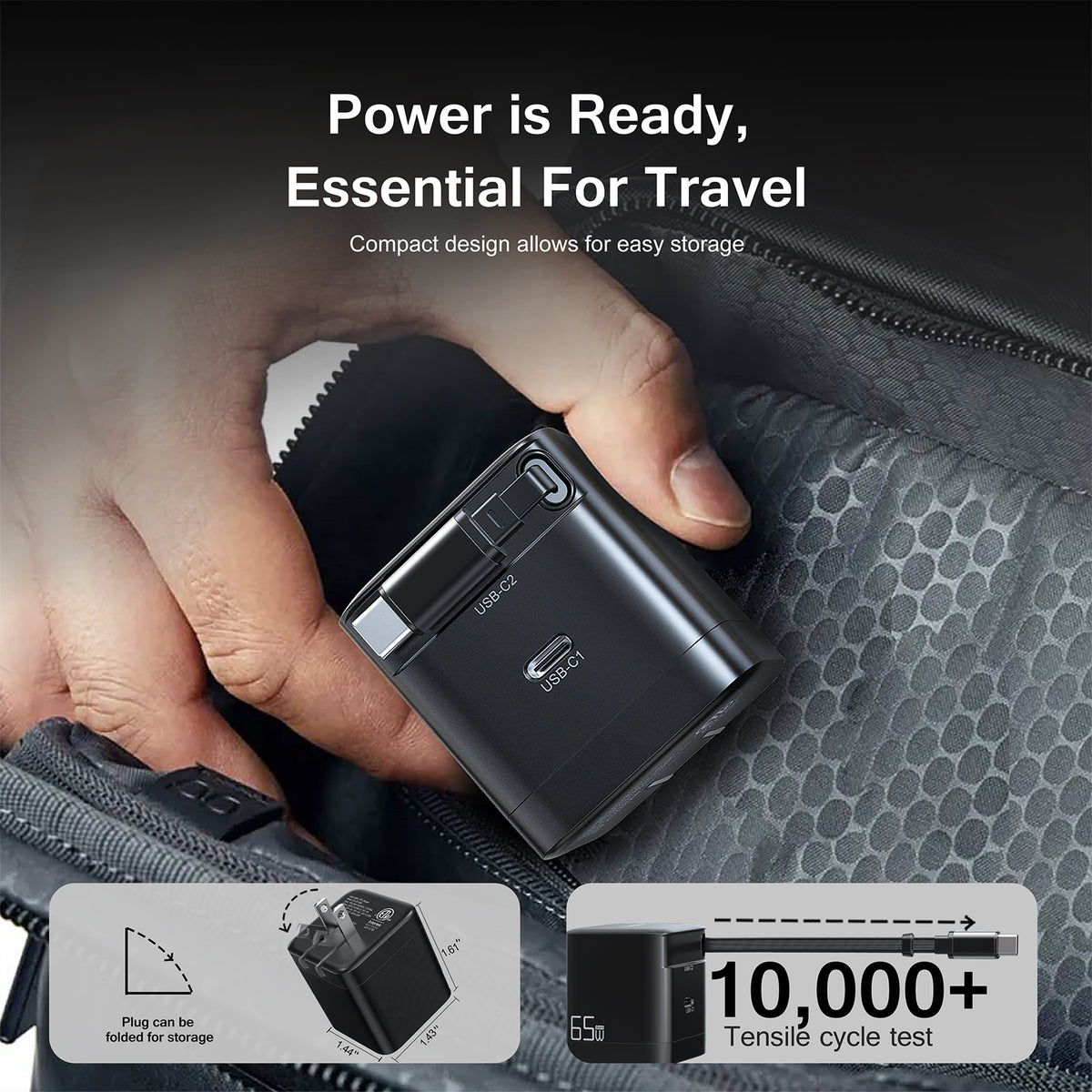 ESOULK 65W charger held in a hand over a travel bag pocket, plug folded