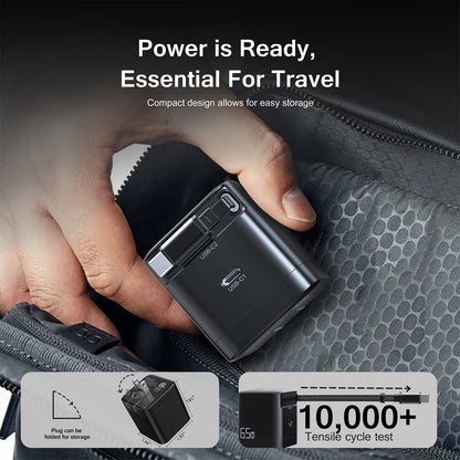 ESOULK 65W charger held in a hand over a travel bag pocket, plug folded