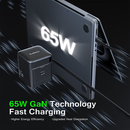 ESOULK 65W GaN charger next to a laptop, 65W fast charging