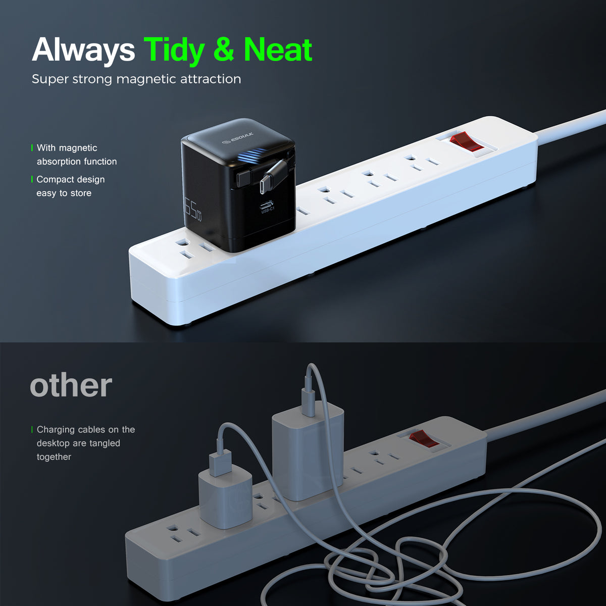 Retractable cable kept tidy on a power strip versus tangled cables on other chargers