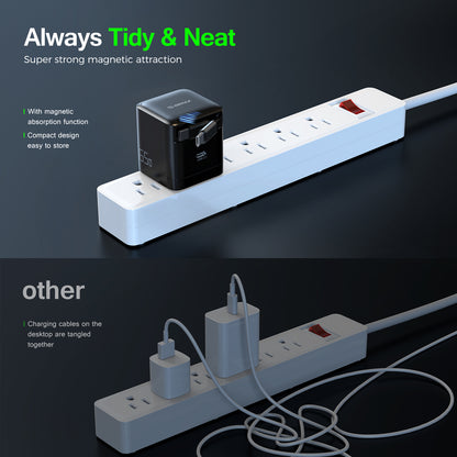 Retractable cable kept tidy on a power strip versus tangled cables on other chargers