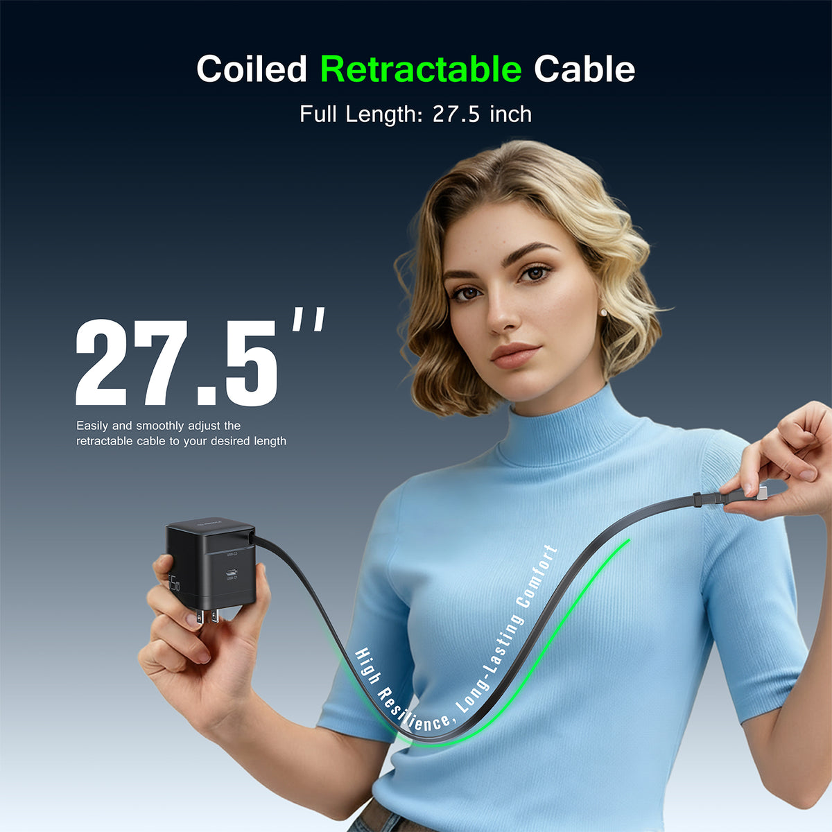 Coiled retractable USB-C cable extended to its full 27.5 inch length