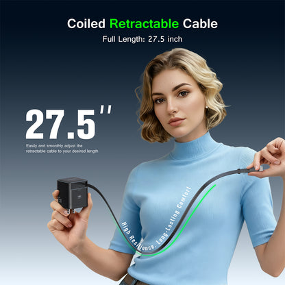Coiled retractable USB-C cable extended to its full 27.5 inch length