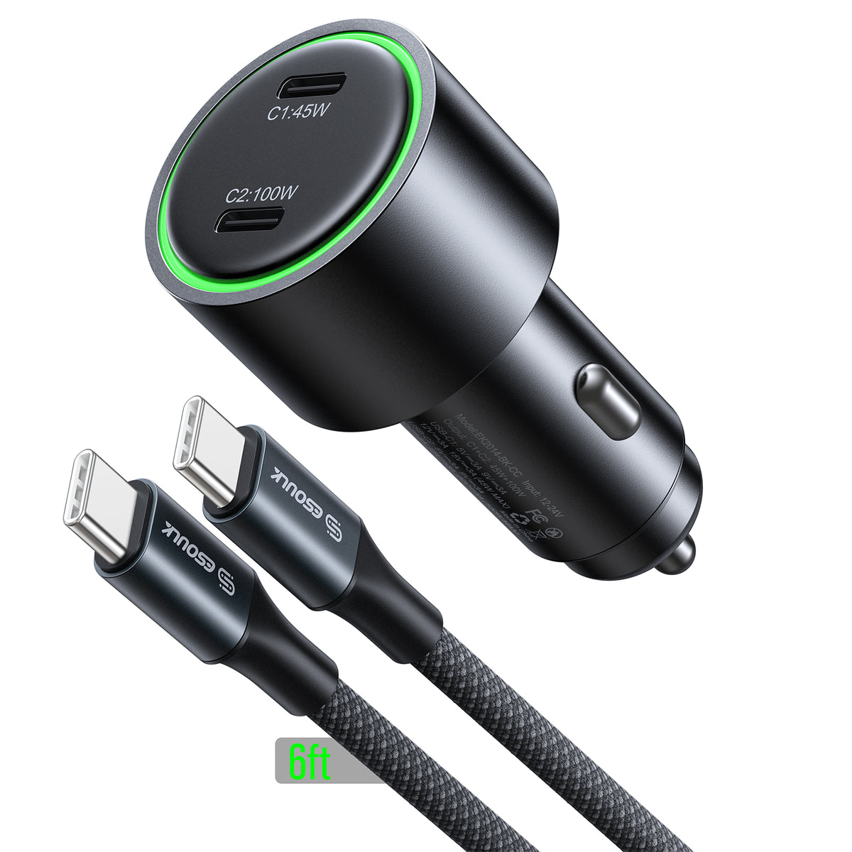 ESOULK 145W dual USB-C car charger with the included 6ft braided USB-C cable