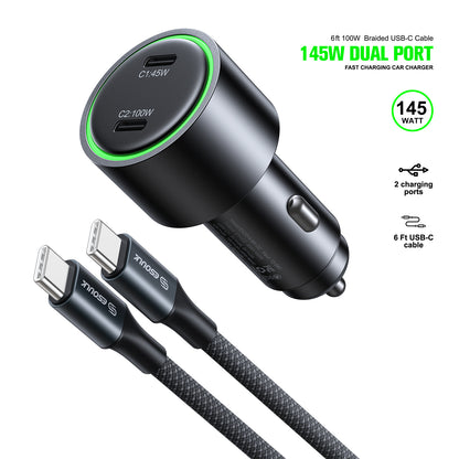 ESOULK 145W dual-port car charger and 6ft 100W USB-C cable, front view with port labels