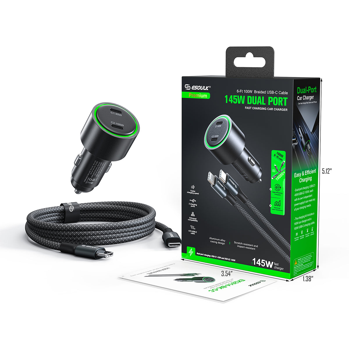 ESOULK 145W car charger, braided USB-C cable and retail box